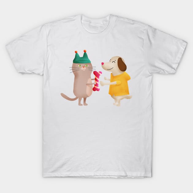 Illustration of a cat giving a bone to a dog as gift T-Shirt by Sgrel-art